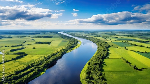 Green Aerial Landscape of European River and Fields in Poland - Natural Nature View photo