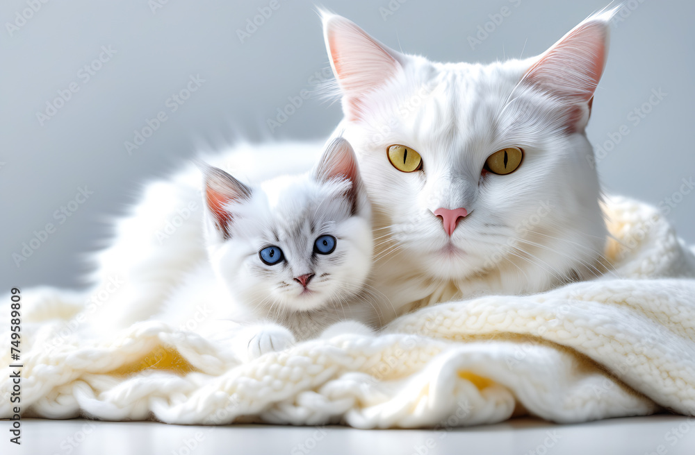 Two beautiful white cat with blue eyes on a white knitted blanket