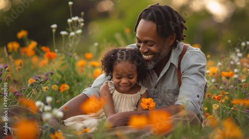 Man and Little Girl Sitting in Field of Flowers