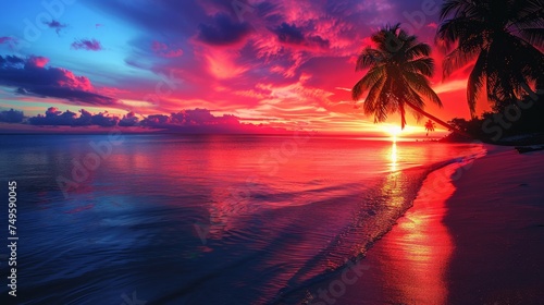 Sunset on Tropical Beach With Palm Trees