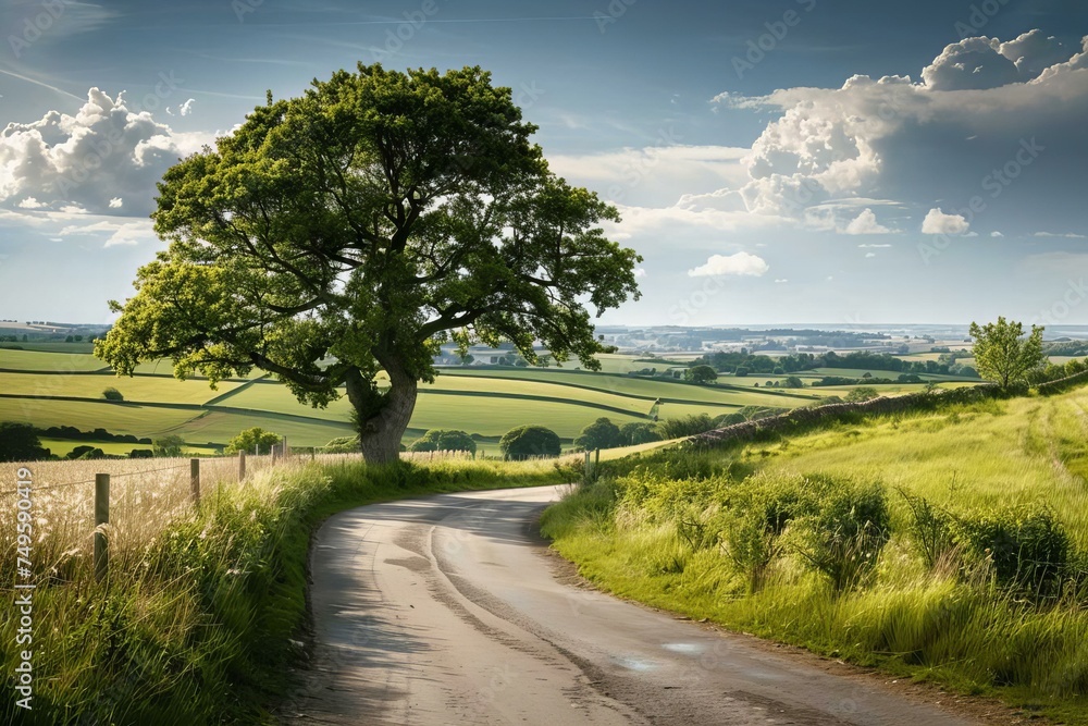 Single Tree with Road in English Countryside Single Tree with Road in English Countryside