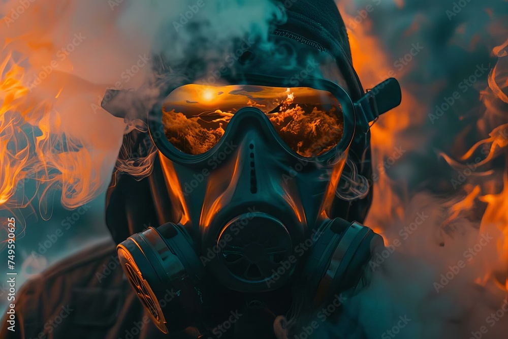 Person Wearing Gas Mask with Fire in the Background Person Wearing Gas Mask with Fire in the Background