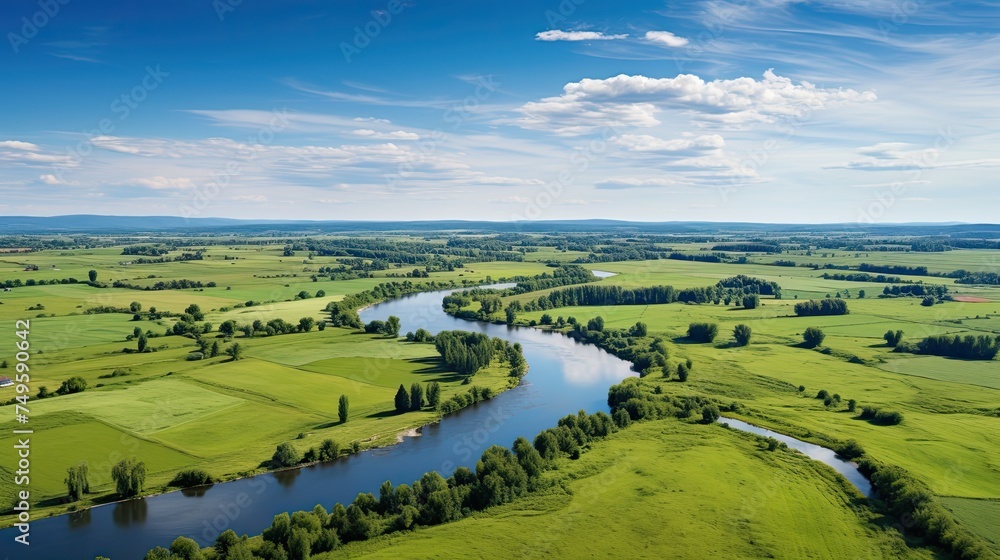 Green European Aerial Landscape View of Natural River and Field in Poland Green European Aerial Landscape View of Natural River and Field in Poland