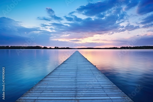 Serene Horizons: Wooden Piers on Blue Lake with Reflecting Sunset Sky