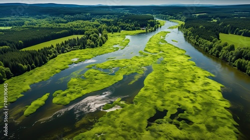 Green River in Brda, Poland. Aerial View of Amazing Blooming Algae on Wild River in Lush Forest