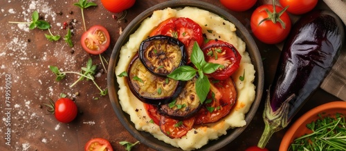 A plate showcasing a vegan meal with mashed potatoes, baked eggplant, and colorful tomatoes, set on a brown table background. The dish is fresh and vibrant, perfect for a nutritious and satisfying