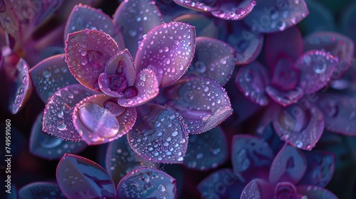 Macro photography of purple leaves with water drops and rich nature.