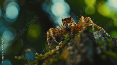 Close-up photo of a spider in the forest with rich nature, a bright ecosystem full of green.