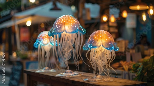 Lamps in the shape of fancy jellyfish. Interior design in jellyfishcore aesthetic style photo