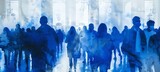 Silhouettes of people in a blue-toned abstract art piece. Concept of unity, crowd, anonymity, collective, gathering, and indistinct identity. Illustration. Copy space. Banner