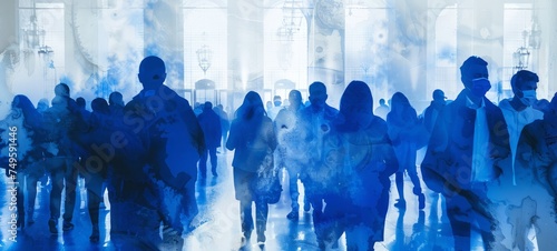 Silhouettes of people in a blue-toned abstract art piece. Concept of unity, crowd, anonymity, collective, gathering, and indistinct identity. Illustration. Copy space. Banner photo