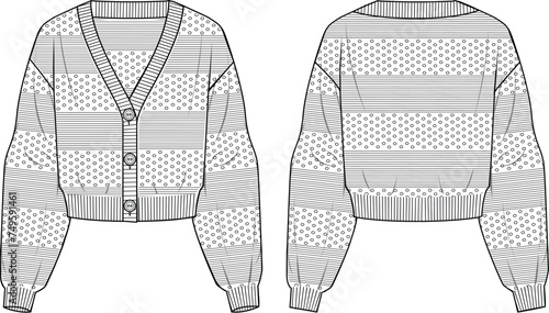 Women's Pointelle Cropped Cardigan. Technical fashion illustration. front and back, white color. Women's CAD mock-up.