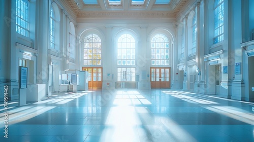Spacious and elegant empty voting hall with high ceilings and natural light streaming through. Concept of dignified elections  public service spaces  and classical architecture.