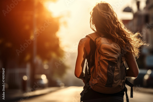 Sport woman rucking and walking at street in modern city. View from back.