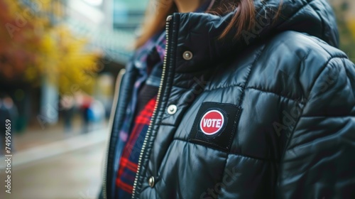 Woman with VOTE badge on her jacket at a polling station. Outdoors. Concept of election day, voting awareness, elections, democratic process, civic duty, voter turnout, and national pride