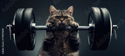Obese Fitness cat lifting a heavy big dumbbell photo