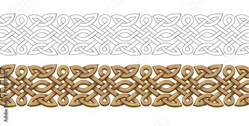 Celtic knot weave design. Seamless pattern. Nordic border ornament. Color and black and white template set. Print for decoration, fabric, embroidery, carpet, wallpaper. Flat vector illustration.