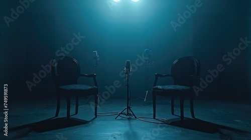 two chairs and microphones in podcast or interview room isolated on dark background