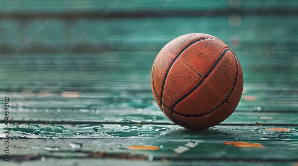 Basketball model over green wooden background, creating a sporty scene that represents the competitive spirit of a miniature basketball match. Basketball model over green wooden background, creating a sporty scene that represents the competitive spirit of a miniature basketball match.