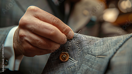 close up of male hand sewing a high end coat photo