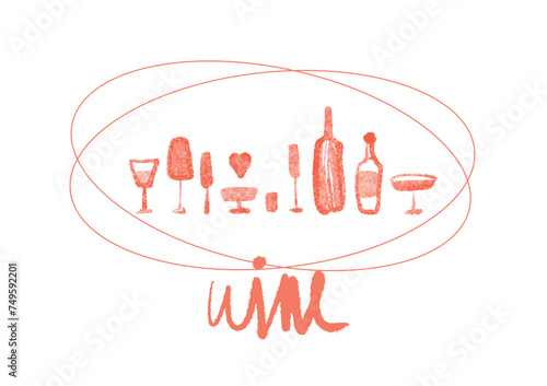  Isolated vector set of wine and alcoholic beverage glasses and tumblers. Hand drawn sketch. Red drawing on white background.