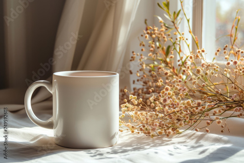 Blank white mug mockup with flowers on sunny light background. Generative AI