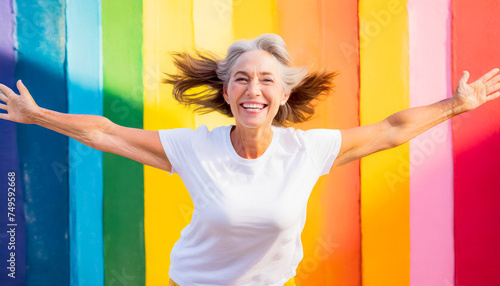 Glückliche Seniorin vor Regenbogenfarben 