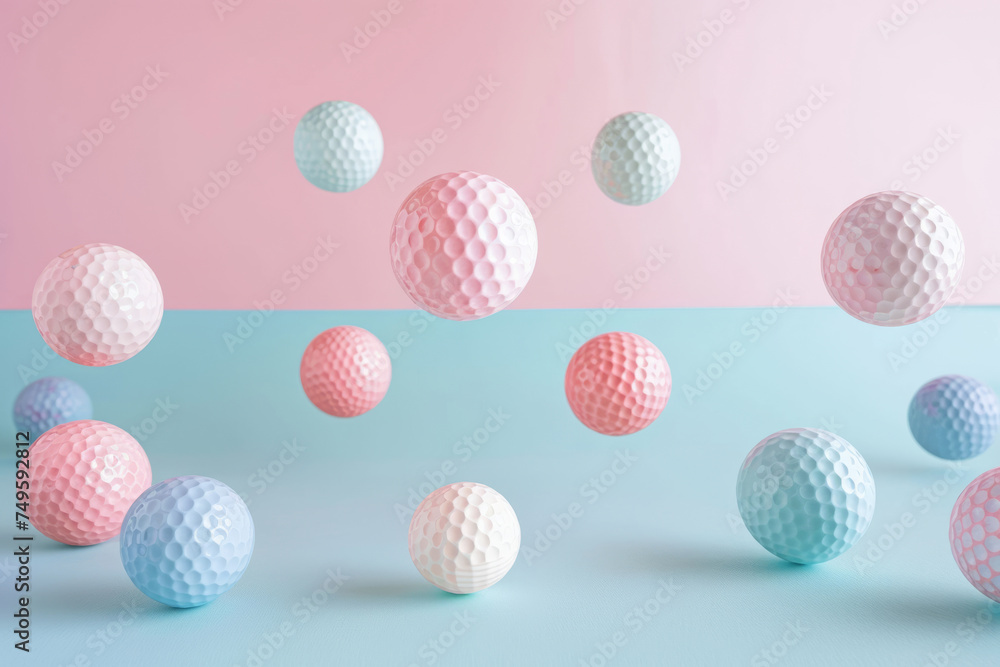 Golf balls in pastel colors falling down. Generative AI Golf balls in pastel colors falling down. Generative AI