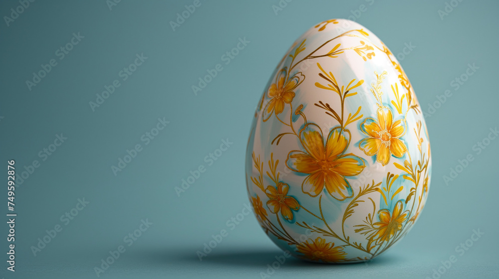 Easter egg with yellow floral pattern on blue background with copyspace Easter egg with yellow floral pattern on blue background with copyspace
