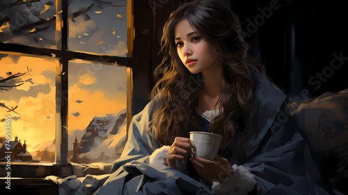 A serene moment of a model in a cozy sweater, wrapped in a blanket, sipping tea by a window overlooking a snowy landscape photo