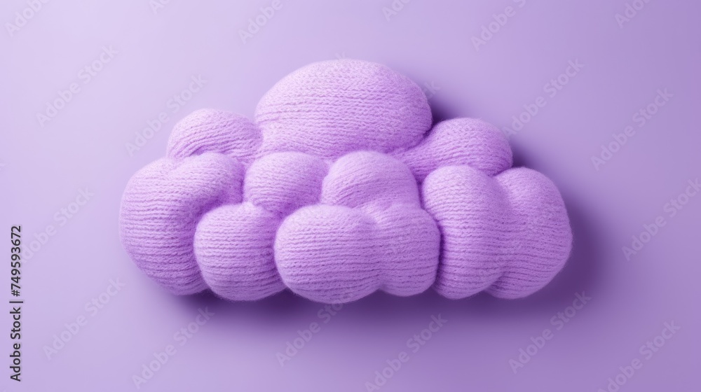 Knitted toy pink cloud on a purple background. Children's clothes and accessories. View from above. Knitted toy pink cloud on a purple background. Children's clothes and accessories. View from above.