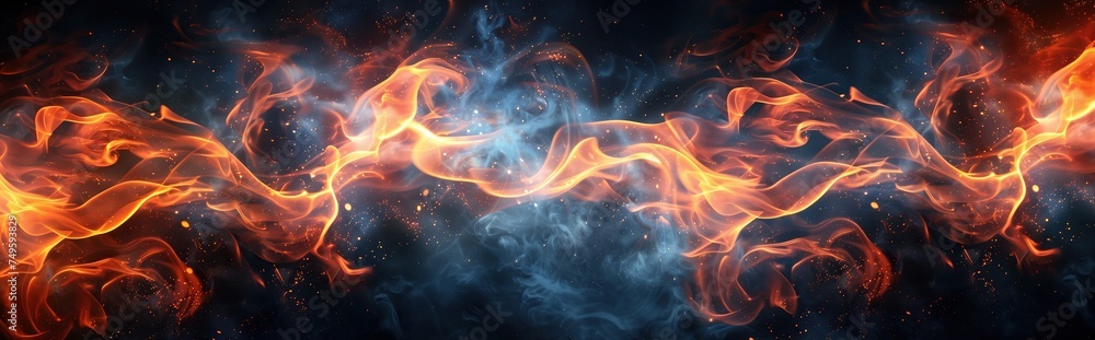 Abstract flames of fire with burning smoke float up on black background for display products. Fire blaze reflection.