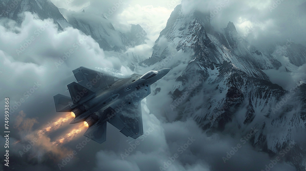 Cinematic scene of advanced fighter jets maneuvering through a rugged mountain landscape with close up action of afterburners glowing and missiles launching - obrazy, fototapety, plakaty 