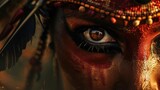 Intense eyes of a Red Indian dancer lost in the fervor of traditional dance spirit alive