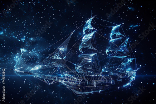 A futuristic pirate ship sailing through the cosmos constructed of wireframe mesh and advanced technology glowing lines tracing its structure against the dark void photo