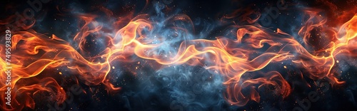 Abstract flames of fire with burning smoke float up on black background for display products. Fire blaze reflection.