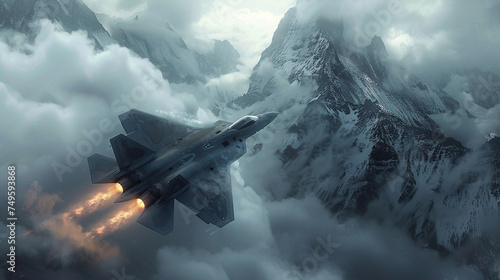 Cinematic scene of advanced fighter jets maneuvering through a rugged mountain landscape with close up action of afterburners glowing and missiles launching photo
