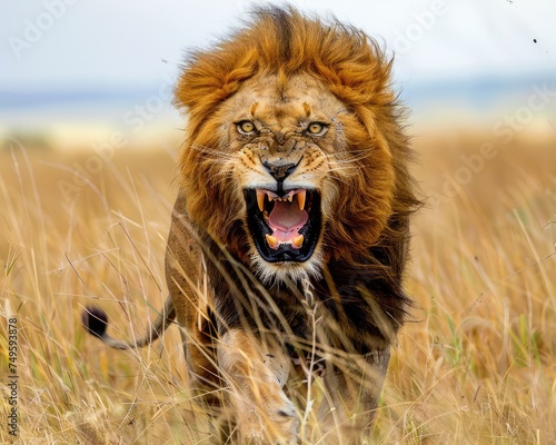 Intense gaze of a threatened lion roaring in defiance captured in a powerful documentary photograph