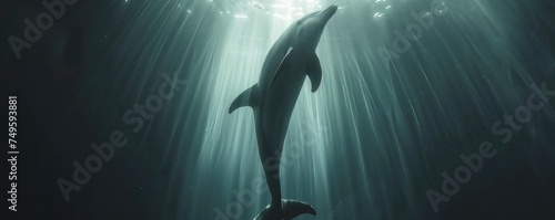 Ethereal underwater shot of a dolphin graceful and majestic in a dance with light