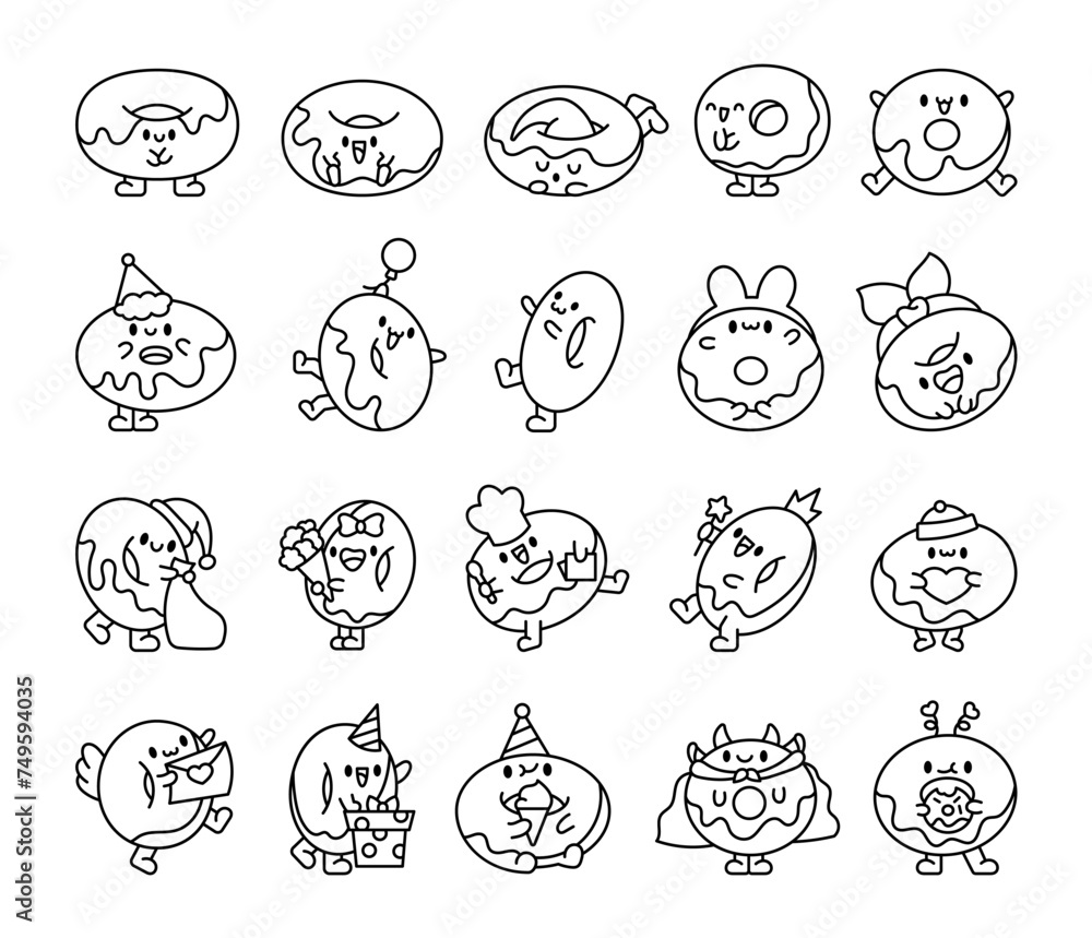 Fototapeta premium Funny donut cartoon character. Coloring Page. Adorable kawaii sweet food. Hand drawn style. Vector drawing. Collection of design elements.