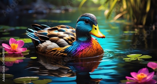 Illustrate a realistic scene of a neon-feathered duck wading in shallow water, with the vibrant colors casting a radiant glow on the surrounding flora. -AI Generative