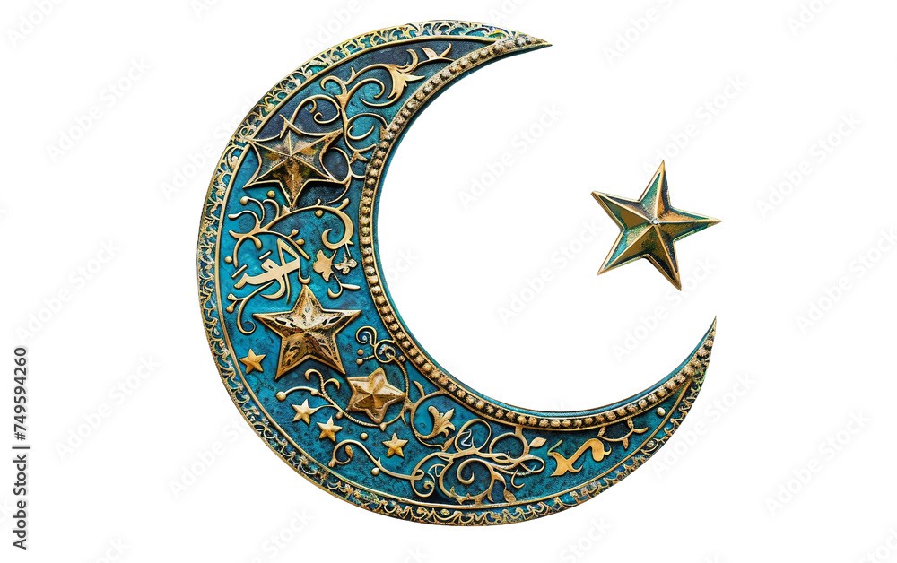 Ornate Crescent Moon and Star Symbolizing Eid Mubarak Isolated on Transparent Background PNG. Ornate Crescent Moon and Star Symbolizing Eid Mubarak Isolated on Transparent Background PNG.