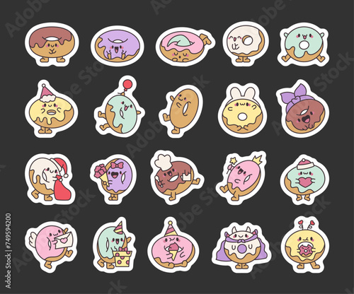 Funny donut cartoon character. Sticker Bookmark. Adorable kawaii sweet food. Hand drawn style. Vector drawing. Collection of design elements.