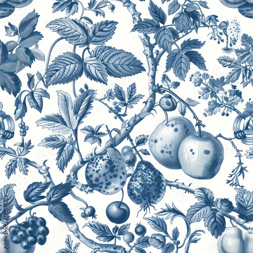 Fruits and thorns in blue as toile de jouy seamless repeating pattern