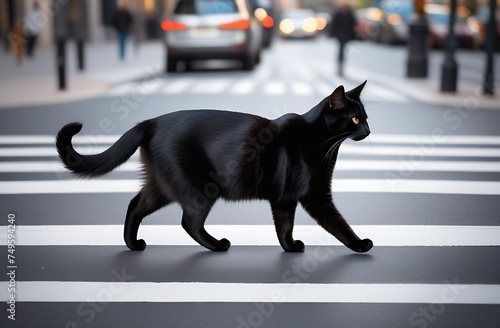 Black cat on the crosswalk in the city. Cat crossing the street.