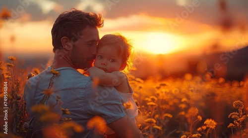 Man Holding Little Girl in Field of Flowers