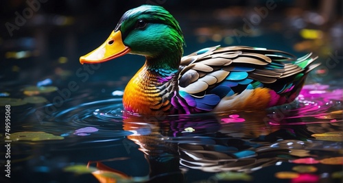 Craft an ultra-realistic image of a duck with neon-colored feathers swimming gracefully on a reflective pond. Pay meticulous attention to the intricate details of each neon-hued feather-AI Generative
