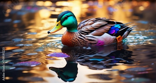 Craft an ultra-realistic image of a duck with neon-colored feathers swimming gracefully on a reflective pond. Pay meticulous attention to the intricate details of each neon-hued feather-AI Generative