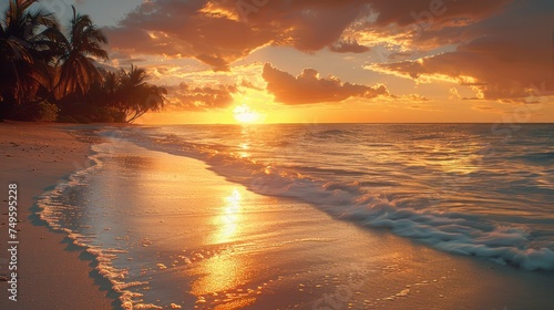 Sunset on a Tropical Beach With Palm Trees
