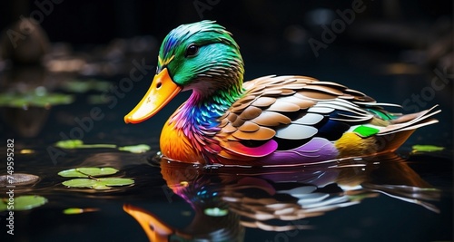 Craft an ultra-realistic image of a duck with neon-colored feathers swimming gracefully on a reflective pond. Pay meticulous attention to the intricate details of each neon-hued feather-AI Generative photo